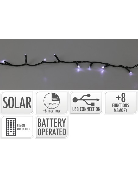 Guirnalda led, 240 leds, 13 funciones parpadeante blanco frio, solar.