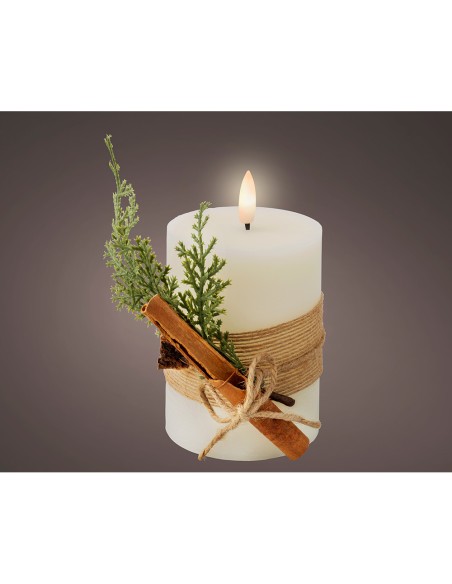 Vela de cera led color blanca, superficie rústica con ramillete, ø7,5 x 13 cm