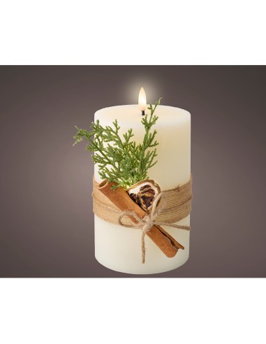 Vela de cera led color blanca, superficie rústica con ramillete, ø10 x 18 cm