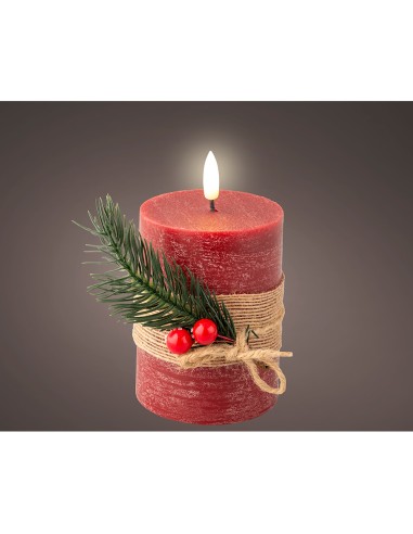 Vela de cera led color roja, superficie rústica con ramillete, ø7,5 x 13 cm