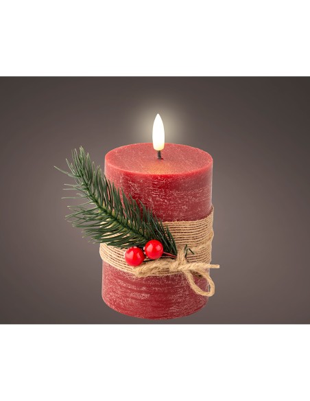 Vela de cera led color roja, superficie rústica con ramillete, ø7,5 x 13 cm