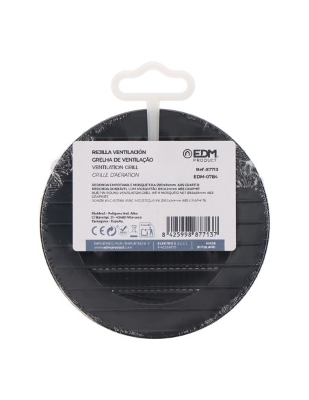 Rejilla ventilación redonda empotrable con mosquitera ø80mm abs gris antracita