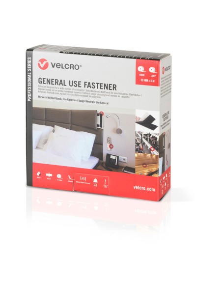 Cinta de gancho y bucle adhesiva, negra, 20 mm x 5 m