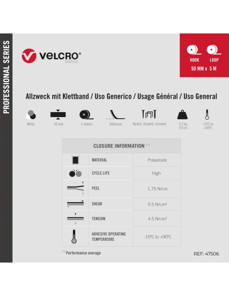 Cinta de gancho y bucle adhesiva, blanca, 50 mm x 5 m