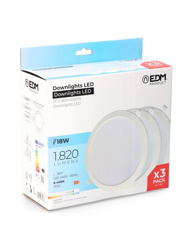 Pack 3 downlights led 18 w luz fría 6400 k