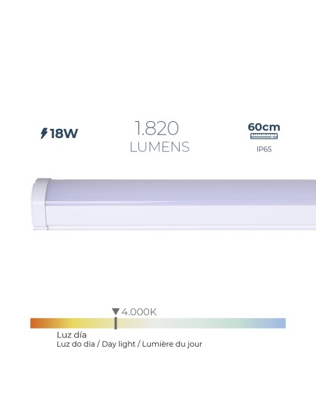 Regleta led 18 w 4000 k luz día 1.820 lm 60 x 4,6 x 5,1 cm