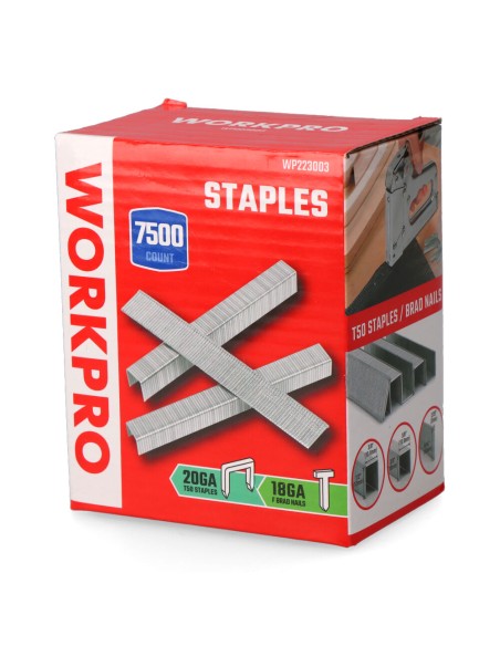 Grapas variadas, 20ga t50 10 mm, 12mm + clavos 18ga f 15 mm, 7500 uds