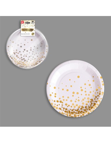Plato llano cartón ø18 cm, blanco / dorado. 10 unidades