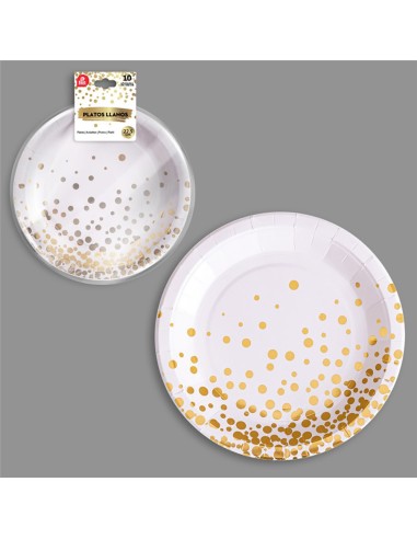 Plato llano cartón ø22,5 cm, blanco / dorado. 10 unidades
