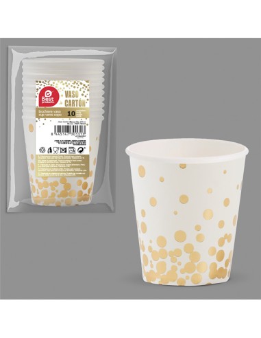 Vaso cartón 200 cc, blanco / dorado. 10 unidades