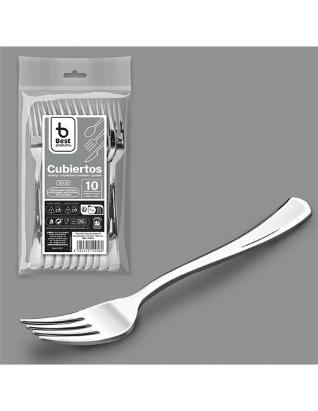Tenedor reutilizable 18,5 cm, plata. 10 unidades