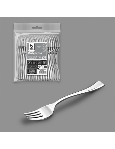 Tenedor degustación reutilizable 10 cm, plata. 24 unidades