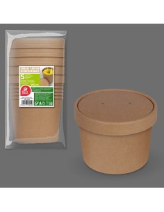 Envase de cartón biodegradable, con tapa. 350 cc. 5 unidades