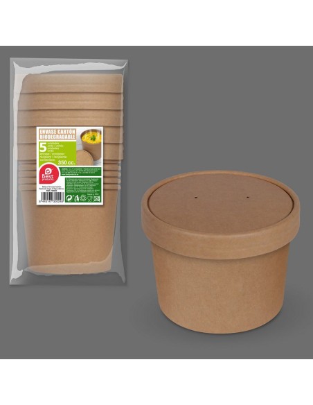 Envase de cartón biodegradable, con tapa. 350 cc. 5 unidades