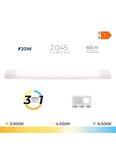 Regleta led 20 w temperatura de luz variable 6500 k / 4000 k / 3000 k, 3cct, 2045 lm, 60 x 2,6 x 7,4 cm