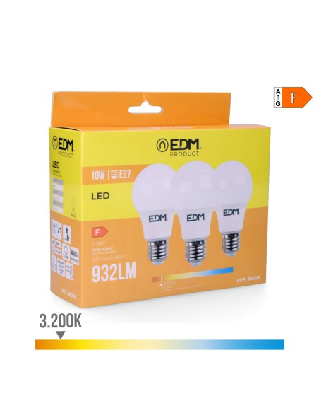 Kit 3 bombillas standard led e27 10 w 932 lm 3200 k luz calida ø6 x 10,8 cm