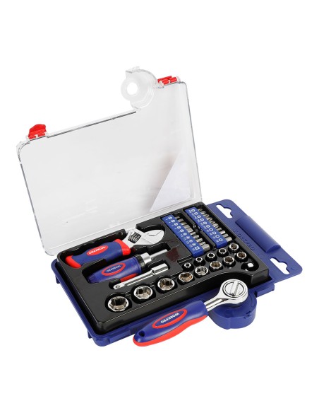 Vasos con carraca, mango y llave ajustable, métrica, 38 piezas