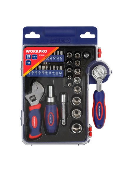 Vasos con carraca, mango y llave ajustable, métrica, 38 piezas