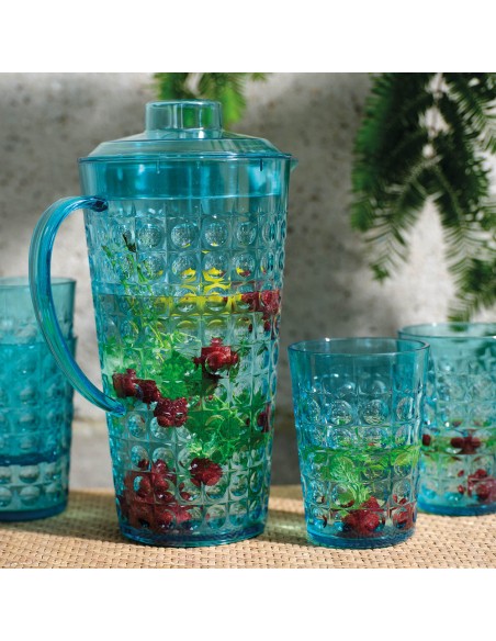 Jarra con 4 vasos, color azul, diseño bolas