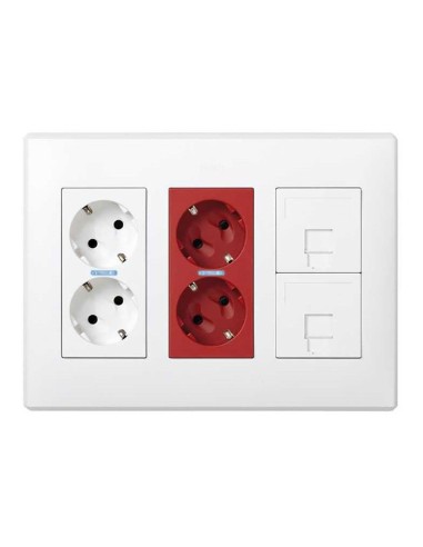 Caja con 2 schukos blancos + 2 schukos rojos + 2 rj45 500 cima superficie o empotrar blanca
