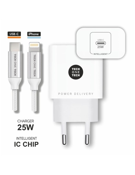 Cargador 25 w ultrarrápido pd + cable nylon ligthning blanco 1 m