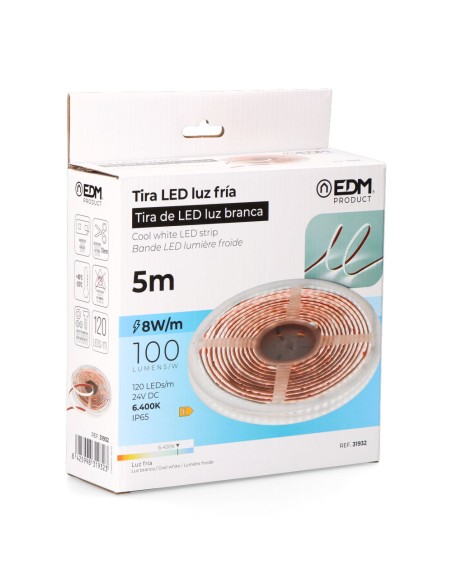Tira led adhesiva 6.400 k 8 w/m 100 lm/w 24 v dc ip65, 5 m x 10 mm luz fria