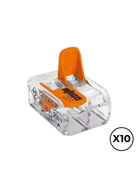 Conector rápido con palanca 2 vias, ø maximo 4 mm², 450 v , 32 a transparente 13,2 x 18,6 x 8,4 mm, 10 uds