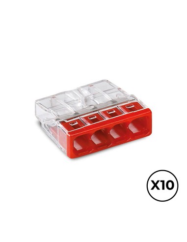 Conector rápido 4 vias, ø maximo 2,5 mm², transparente / roja, 10 uds