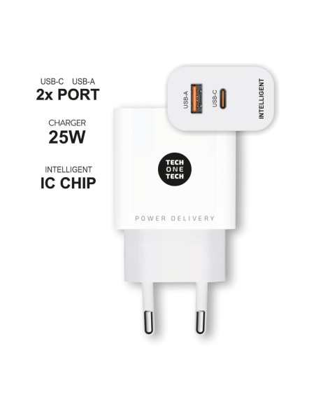 Cargador ultrarrápido 25 w usb-c + usb-a pd, blanco