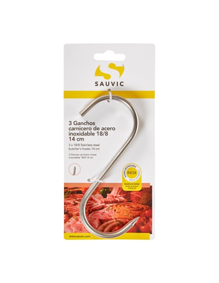 Ganchos carnicero inoxidable 18/8, 14 cm de longitud, blíster 3 unidades