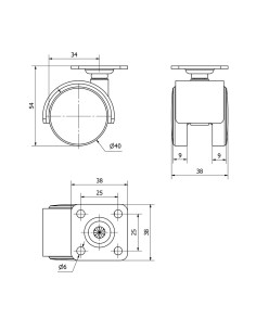 Rueda giratoria con placa y eje liso, color negro, carga máx. 20 kg, ø 4 cm 2