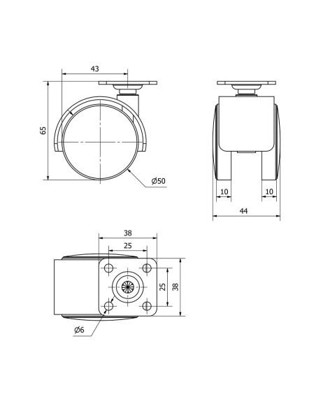 Rueda giratoria con placa y eje liso, color negro, carga máx. 50 kg, ø 5 cm