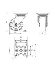 Rueda giratoria de goma con placa y eje liso, color gris, carga máx. 50 kg, ø 6 cm 2