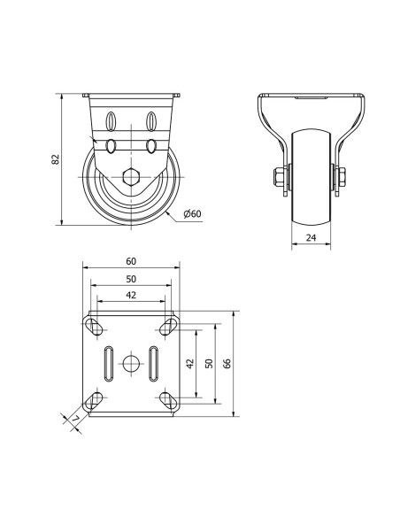 Rueda fija de goma con placa y eje liso, color gris, carga máx. 50 kg, ø 6 cm