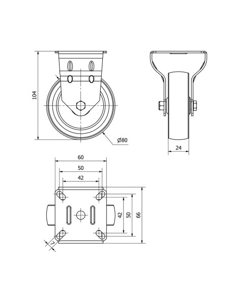 Rueda fija de goma con placa y eje liso, color gris, carga máx. 60 kg, ø 8 cm