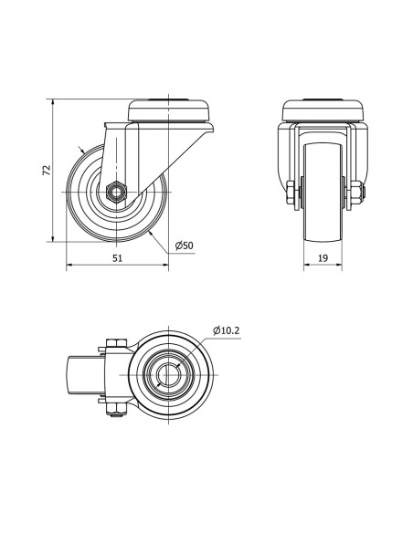 Rueda giratoria de goma con eje liso y agujero, color gris, carga máx 40 kg, ø 5 cm