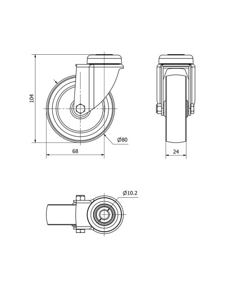 Rueda giratoria de goma con eje liso y agujero, color gris, carga máx 60 kg, ø 8 cm