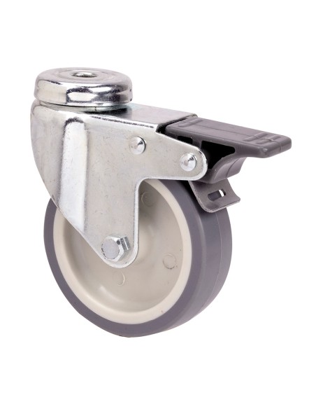 Rueda giratoria de goma con agujero, eje liso y freno, color gris, carga máx. 40 kg, ø 5 cm