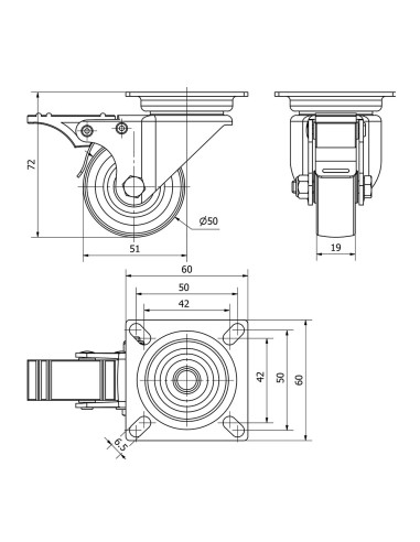 Rueda giratoria de goma con placa, eje liso y...