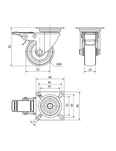 Rueda giratoria de goma con placa, eje liso y freno, color gris, carga máx. 50 kg, ø 6 cm 2