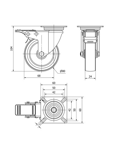Rueda giratoria de goma con placa, eje liso y...