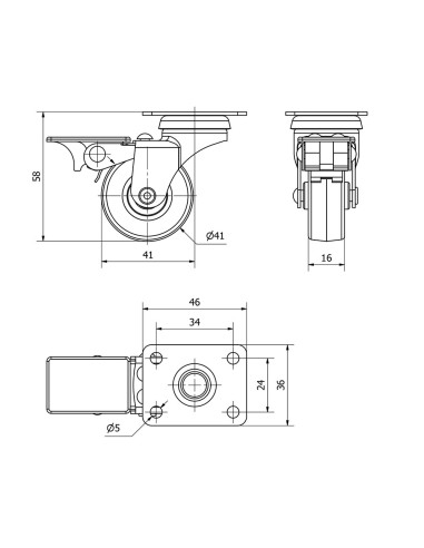 Rueda giratoria de goma con placa, freno y eje...