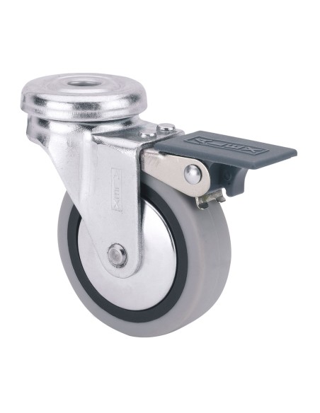 Rueda giratoria de goma con agujero, freno y eje liso, color gris, carga máx. 17 kg, ø 4 cm