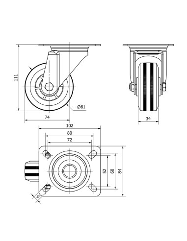 Rueda giratoria de goma natural con placa y eje...