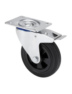 Rueda giratoria de goma natural con placa, eje liso y freno, color negro, carga máx. 60 kg, ø 8 cm