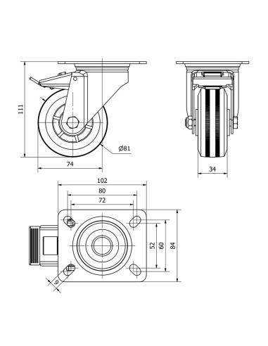 Rueda giratoria de goma natural con placa, eje...