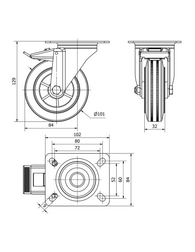 Rueda giratoria de goma natural con placa, eje...
