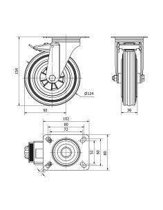 Rueda giratoria de goma natural con placa, eje liso y freno, color negro, carga máx. 110 kg, ø 12,5 cm 2