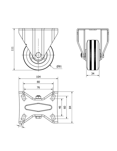 Rueda fija de goma natural con placa y eje liso, color negro, carga máx. 60 kg, ø 8 cm