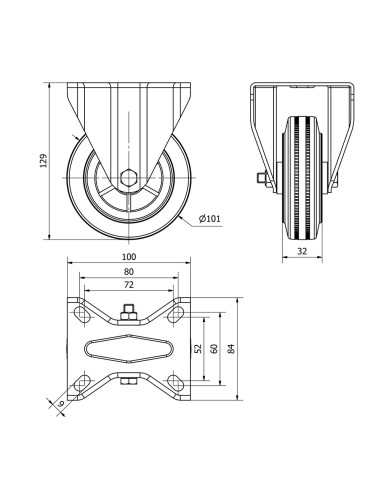 Rueda fija de goma natural con placa y eje...